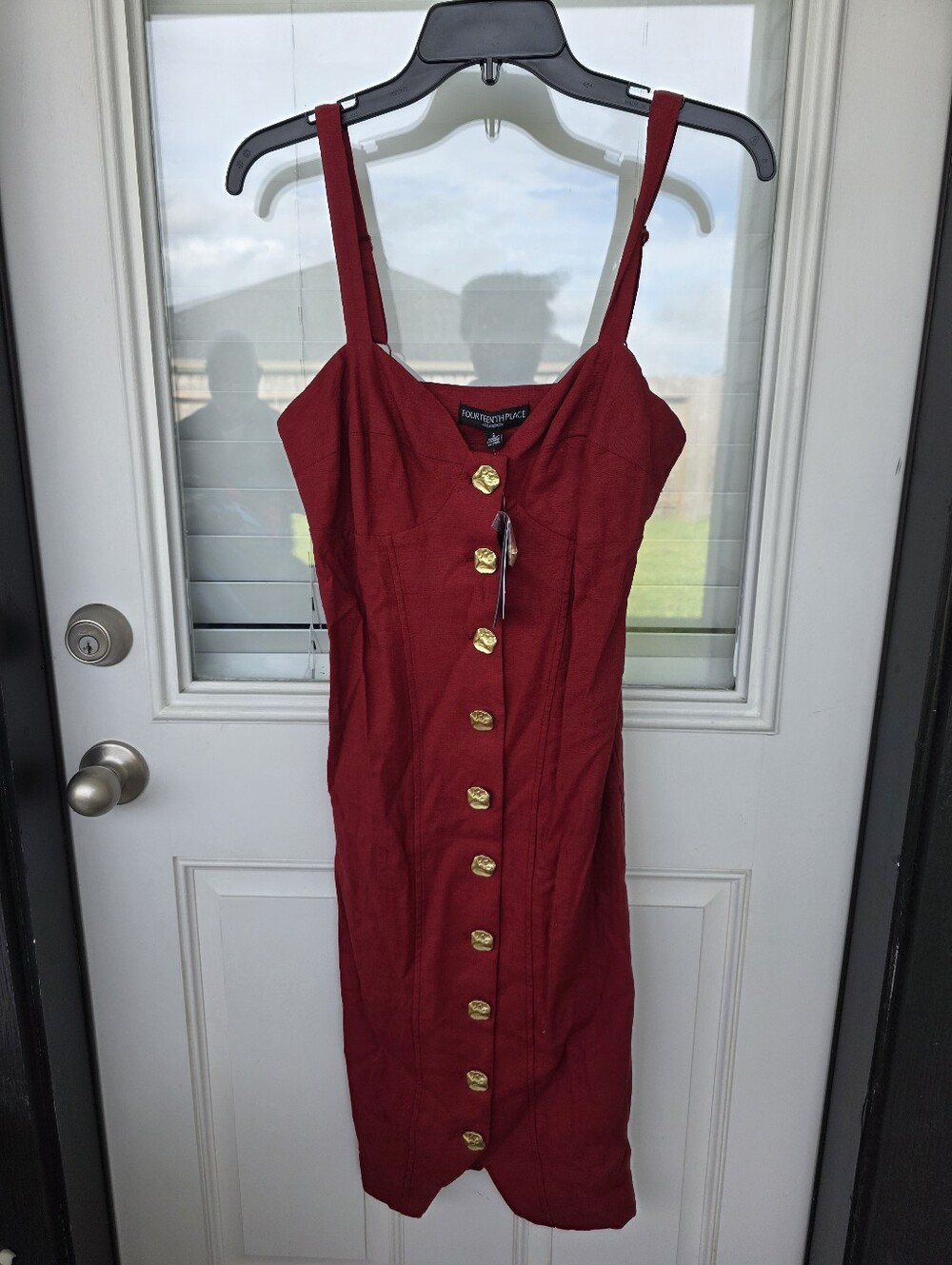 Fourteenth Place Red Midi Dress Sz XXS Gold Button Front Sleeveless Bodycon - Picture 2 of 10